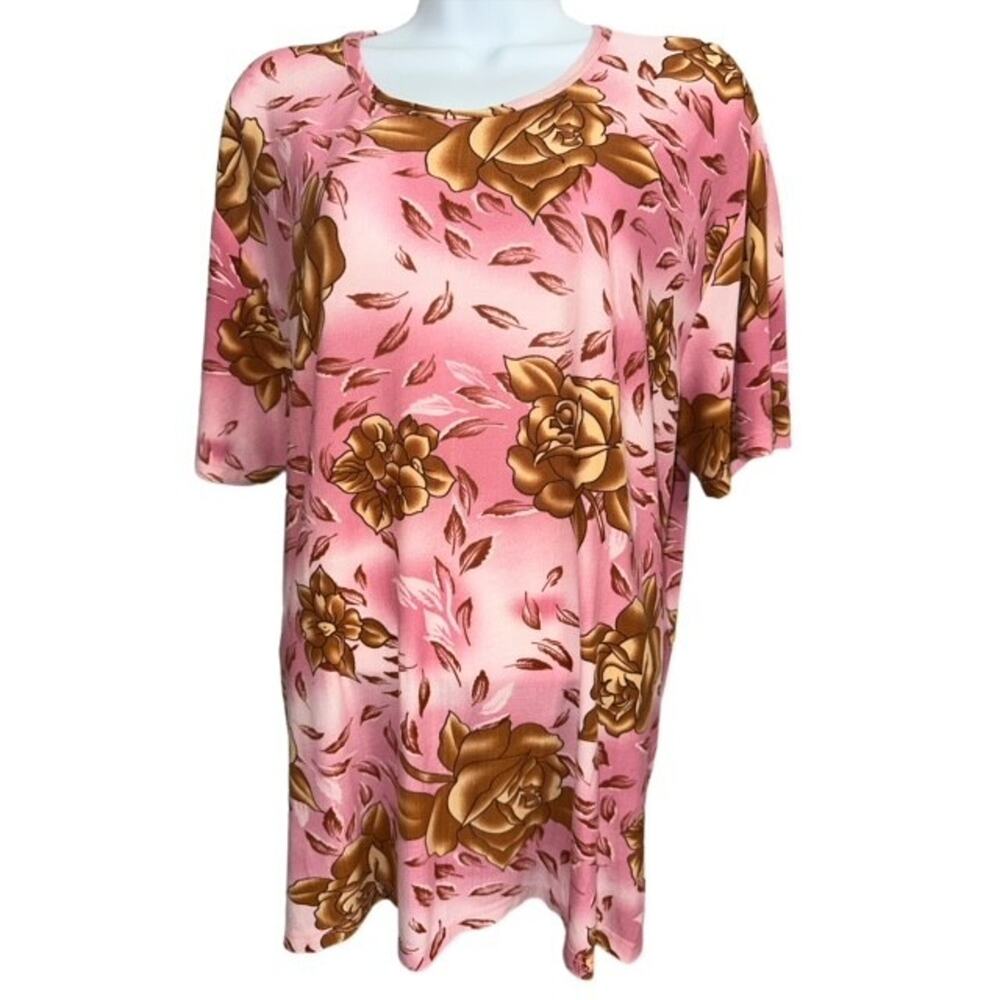 Rochelle XL Top Fancy Pink Brown Spring Floral Polyester Stretch Short Sleeves